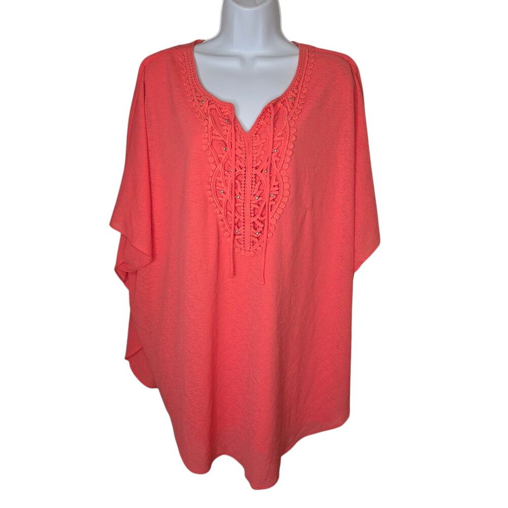 Catherines 2X Coral Embroidered Crochet Lace Studded Poncho Tunic Top 22W 24W